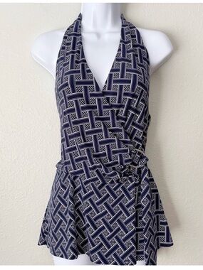 White House Black Market blue white  halter wrap tank top L